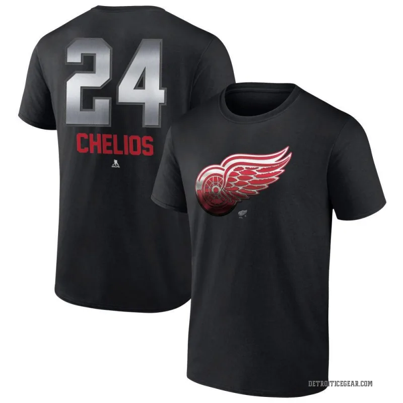 Chris Chelios Men's Black Detroit Red Wings Midnight Mascot Logo T-Shirt