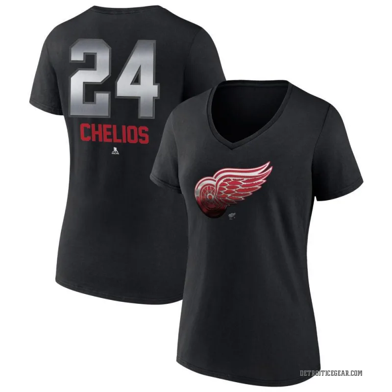 Chris Chelios Women's Black Detroit Red Wings Midnight Mascot Logo V-Neck T-Shirt