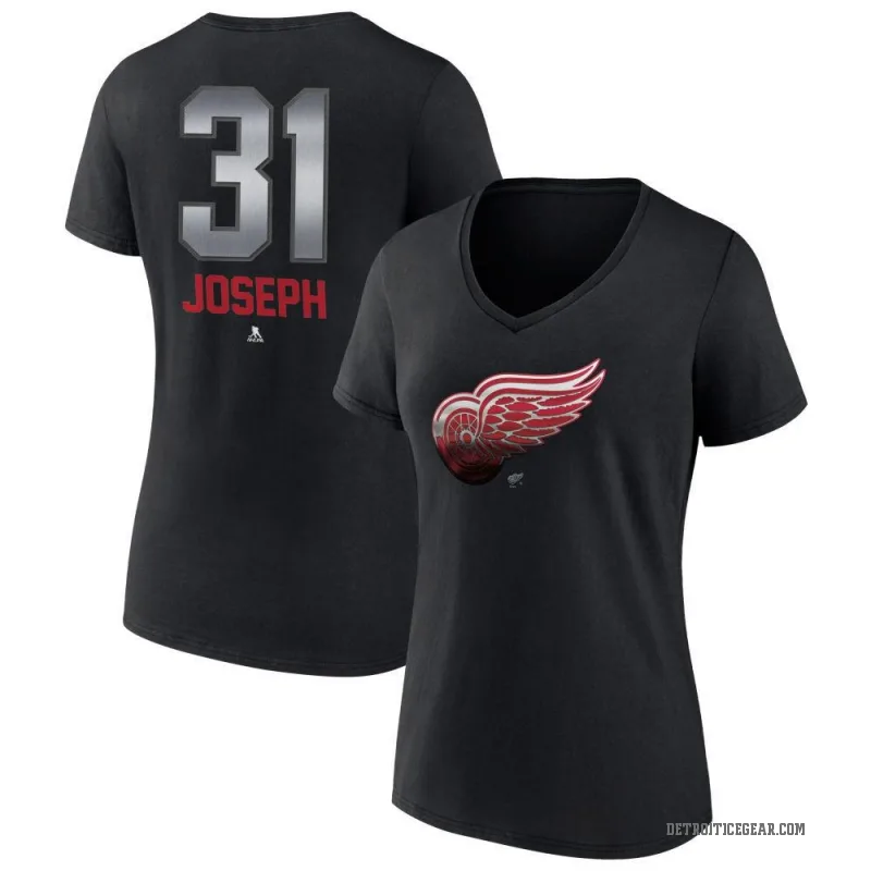 Curtis Joseph Women's Black Detroit Red Wings Midnight Mascot Logo V-Neck T-Shirt