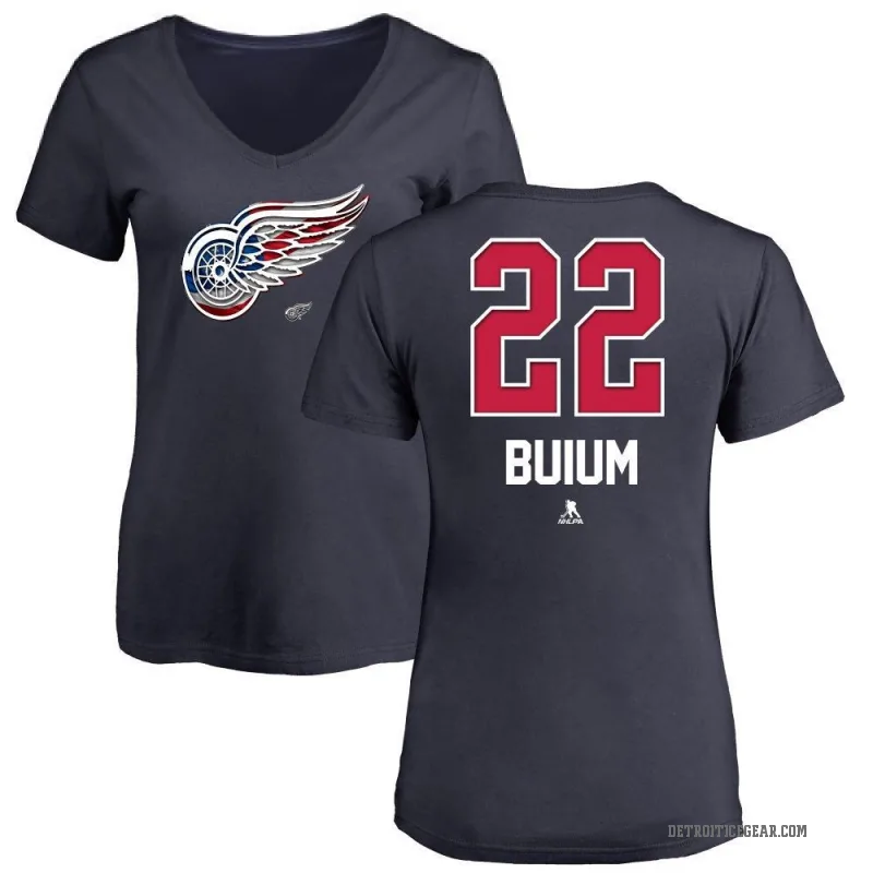 Shai Buium Women's Navy Detroit Red Wings Name and Number Banner Wave V-Neck T-Shirt -