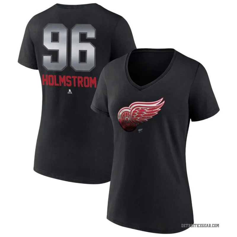 Tomas Holmstrom Women's Black Detroit Red Wings Midnight Mascot Logo V-Neck T-Shirt